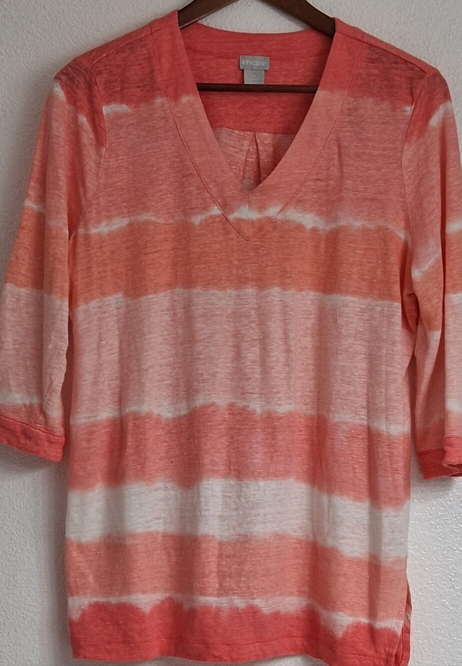 Chico's Coral and White Striped V-Neck Top